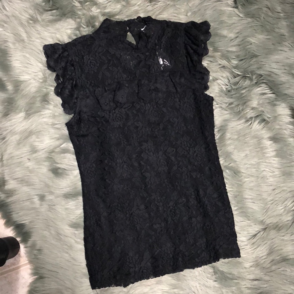 Black lace short sleeve top - high neck keyhole
